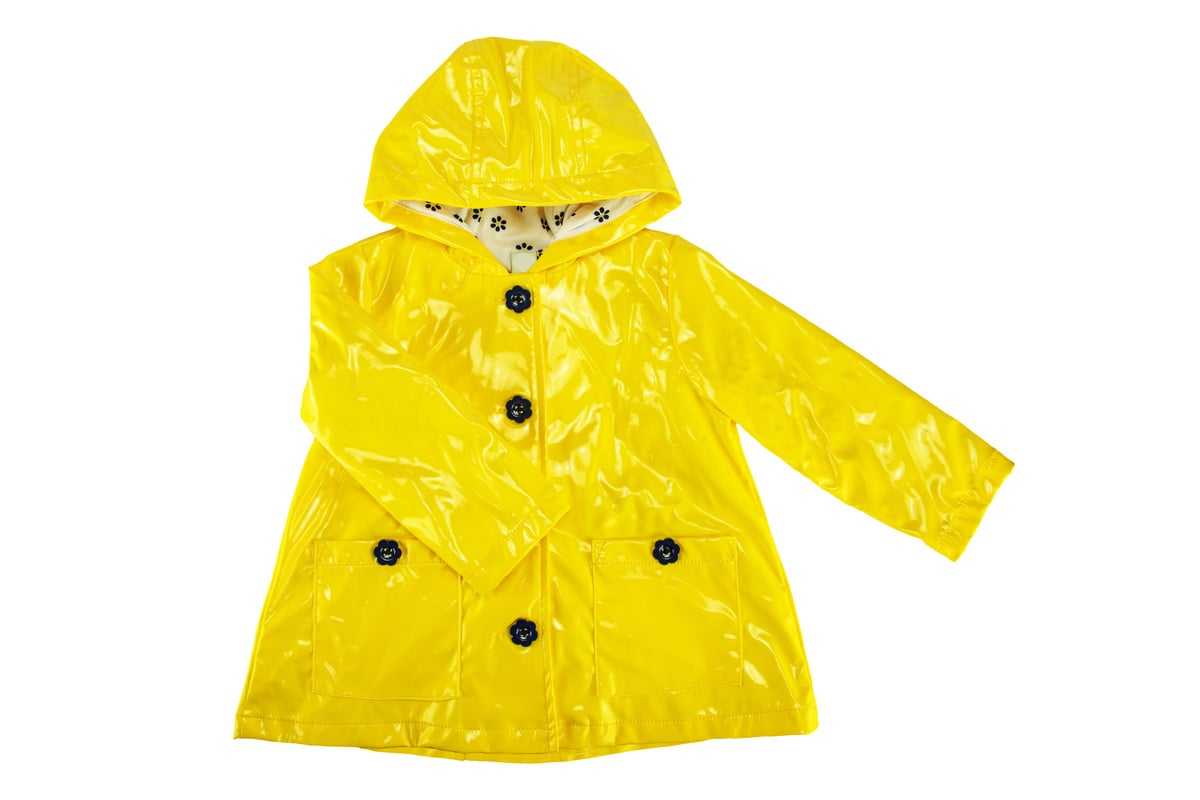 Rain jacket. Girls elegant yellow rain jacket isolated on a white background. Fashion for rain season.